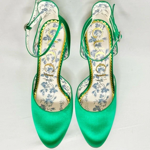 Gucci Emerald Green Satin Ankle Strap D’Orsay Heels Women’s 9.5 With Box